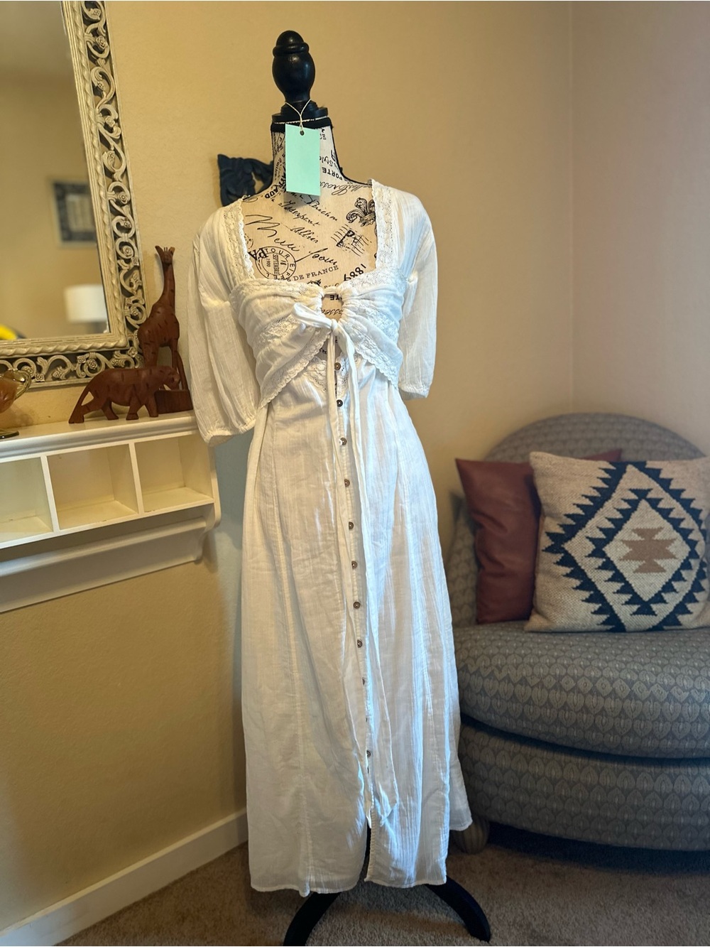 Free People Elegant White Button-Front Maxi Dress with Tie Front